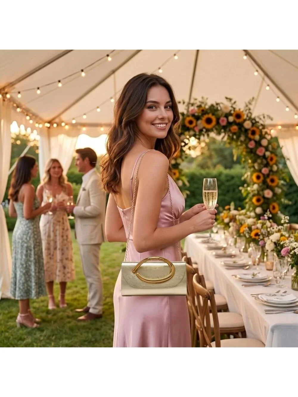 👜Women's Light Gold Vegan Leather Clutch Gold Handle Evening Bag Wedding Party